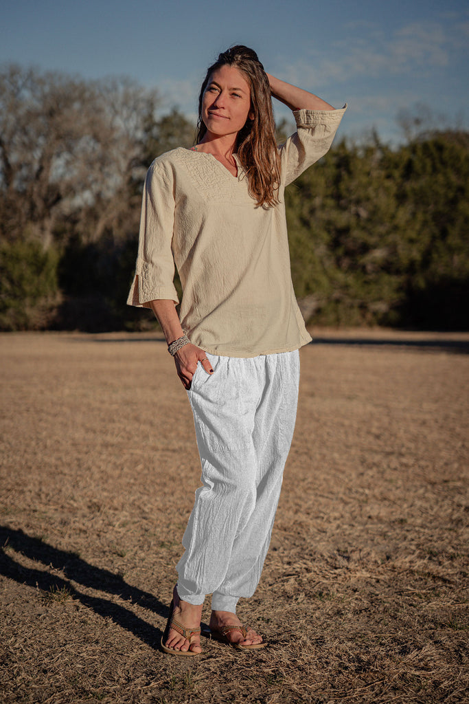 Women's 100% cotton wide leg harem style breathable yoga pant - white