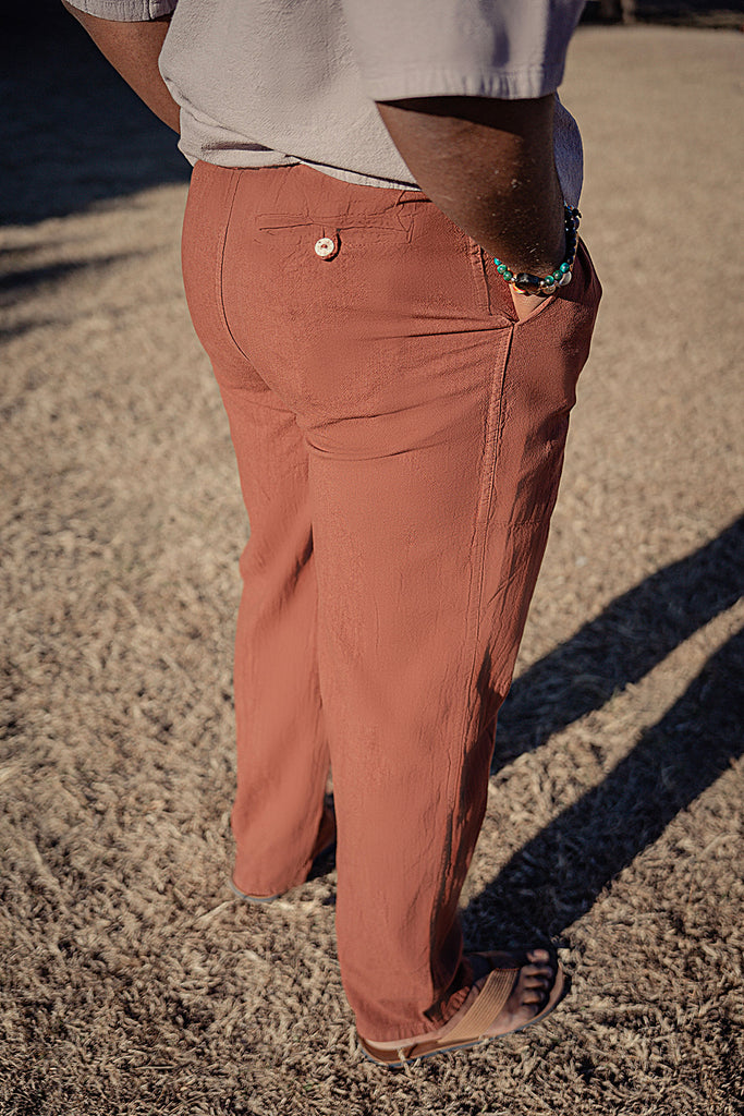 Men's 100% cotton drawstring elastic waistband trouser pant - cocoa brown