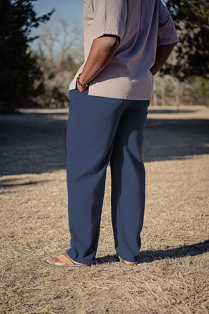 Men's 100% cotton drawstring elastic waistband trouser pant - Indigo or dark blue
