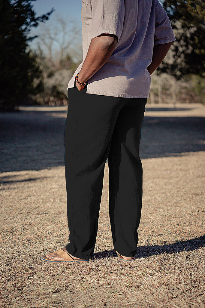Men's 100% cotton drawstring elastic waistband trouser pant - black