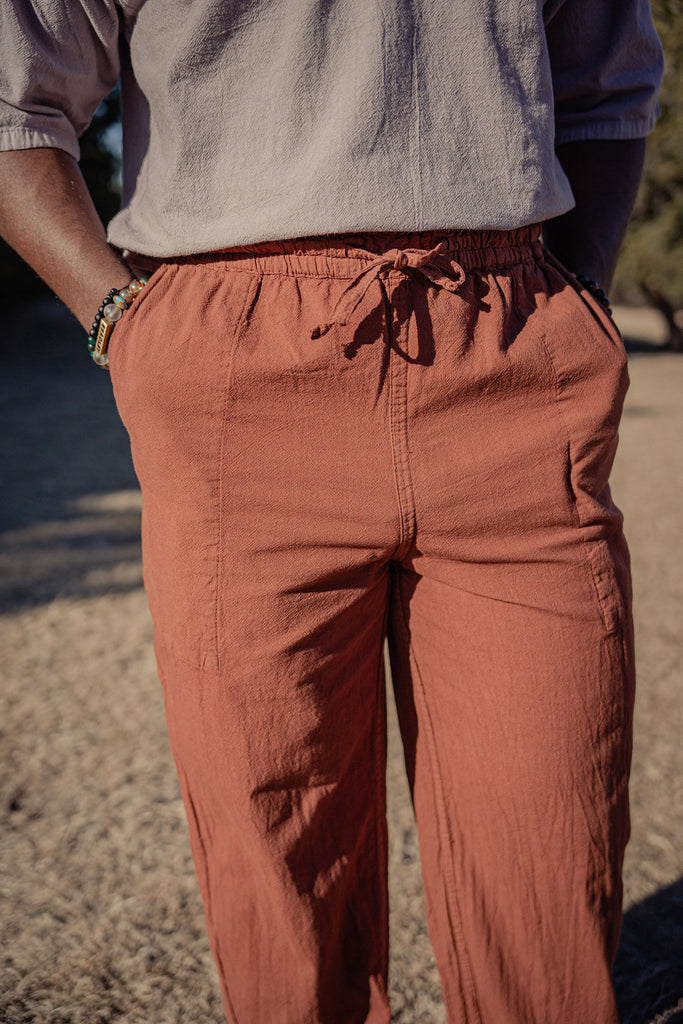 Men's 100% cotton drawstring elastic waistband trouser pant - cocoa brown