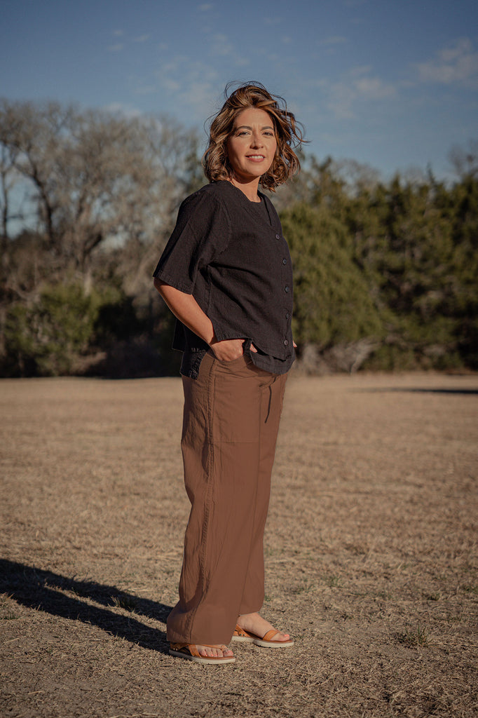 Women's 100 percent cotton drawstring elastic waistband pant  - cocoa brown