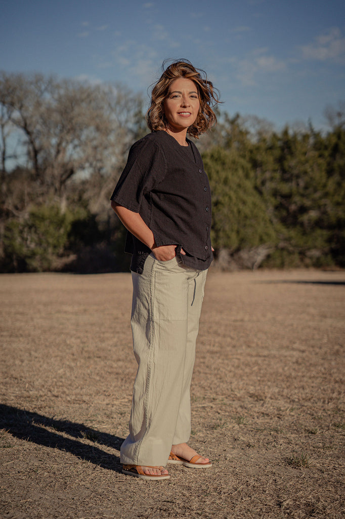 Women's 100 percent cotton drawstring elastic waistband pant  - natural