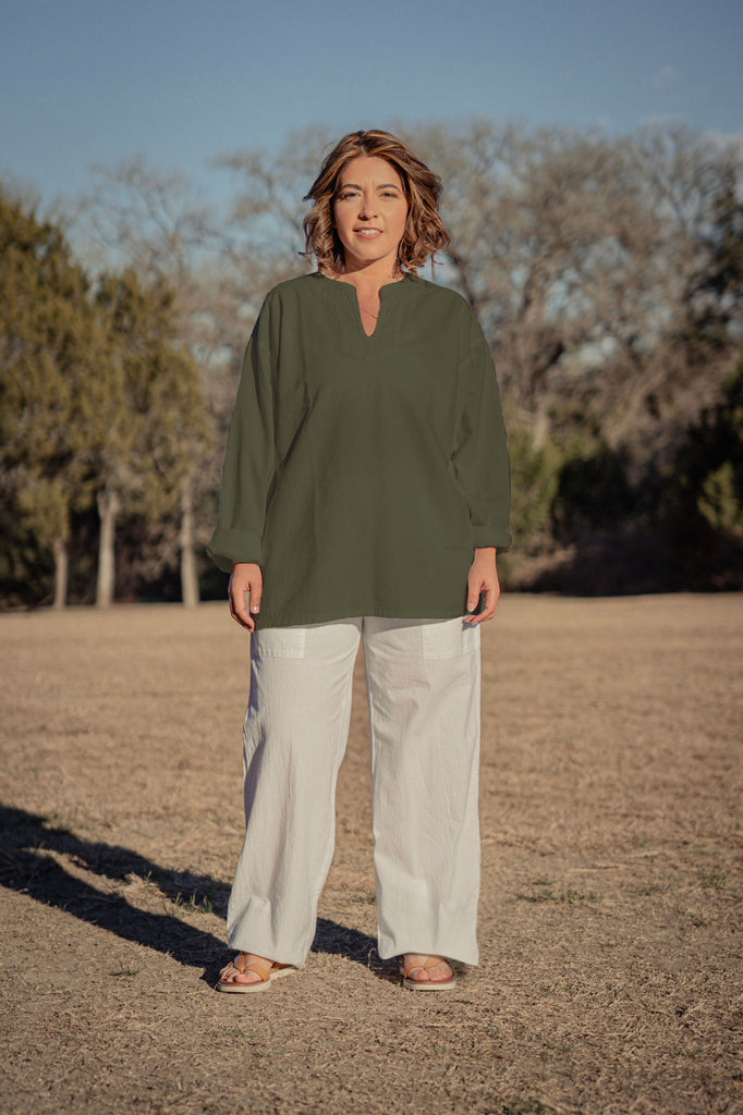 Women's Freedom 100 percent cotton long sleeve pullover top - Sage Green