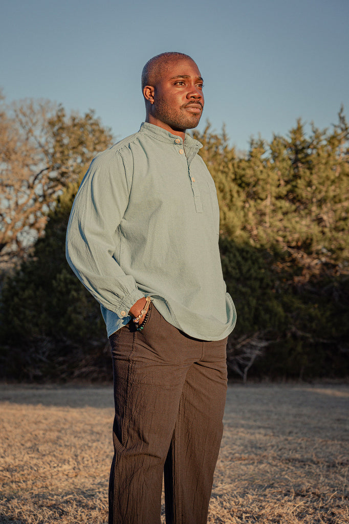 Men's long-sleeve shirt with a Mandarin Nehru collar. Designed to move. Sustainably made. Machine washable, wrinkle-resistant  - Heron Blue medium blue