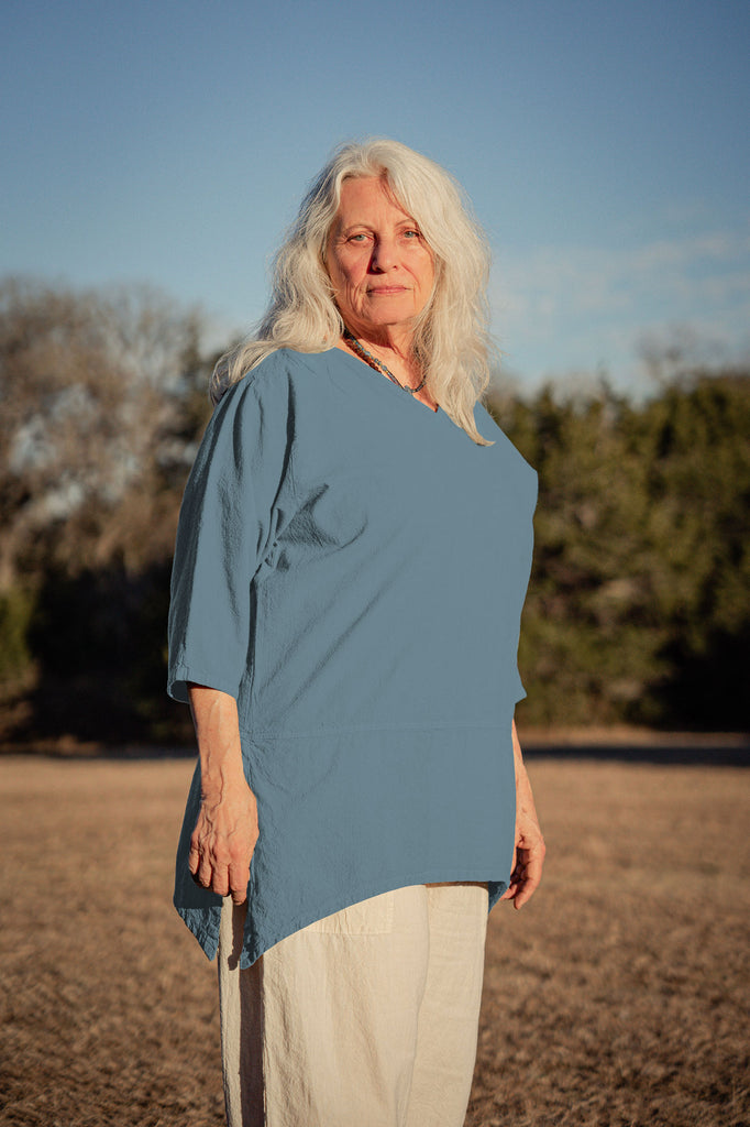 Women’s Merida cotton v-neck asymmetrical tunic top - Heron Blue