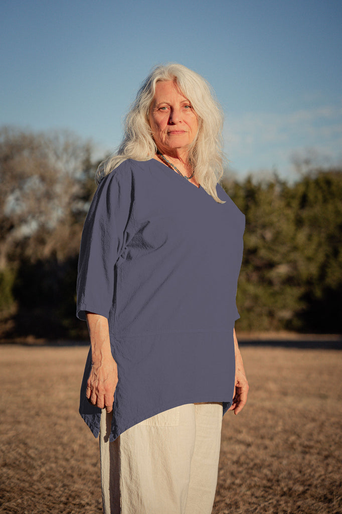 Women’s Merida cotton v-neck asymmetrical tunic top - Indigo or dark blue