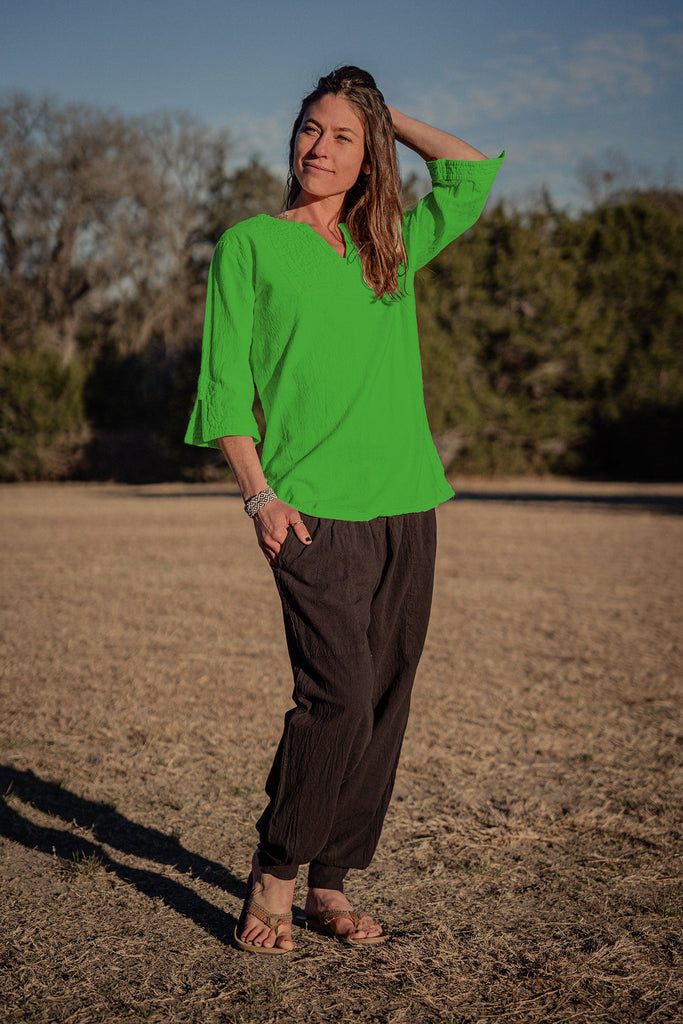 Women's 100 percent cotton 3/4 Sleeve V-neck Pullover Top - bright green