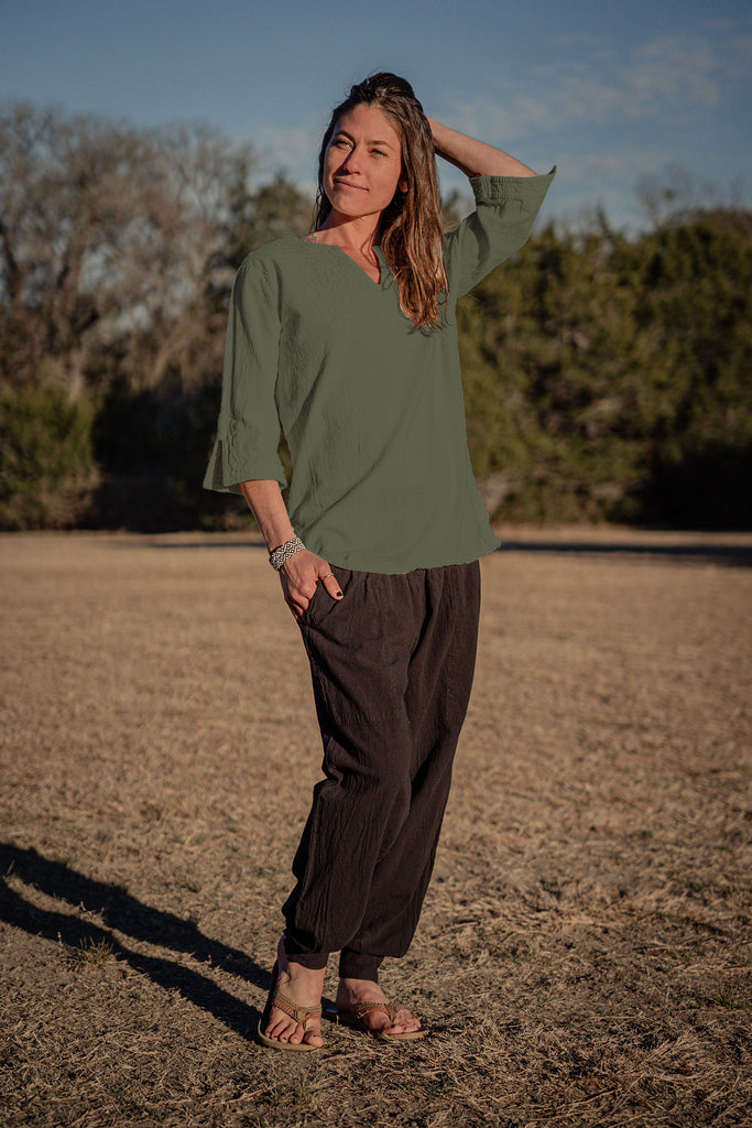 Women's 100 percent cotton 3/4 Sleeve V-neck Pullover Top - Sage Green