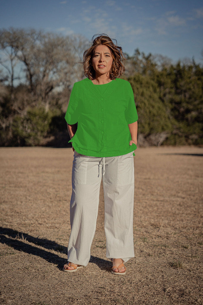 Women’s cotton short-sleeve button-front v-neck blouse - bright green